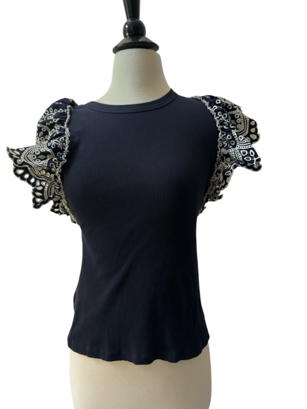 Veronica Beard Jeans XS Black Lace Ruffle Sleeve Ribbed Top